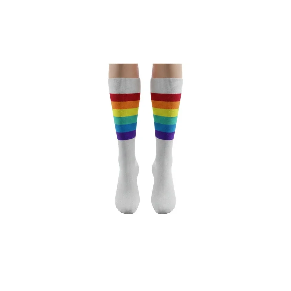 Unbranded Knee High Socks Womens OS White New Rainbow Striped Tube Socks Pride